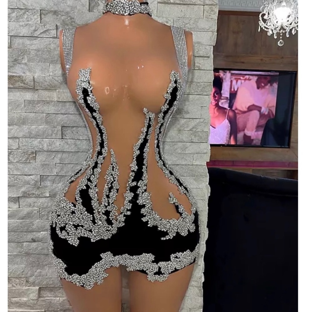 Black and Silver Diamanté Birthday Dress with Lace Cutouts